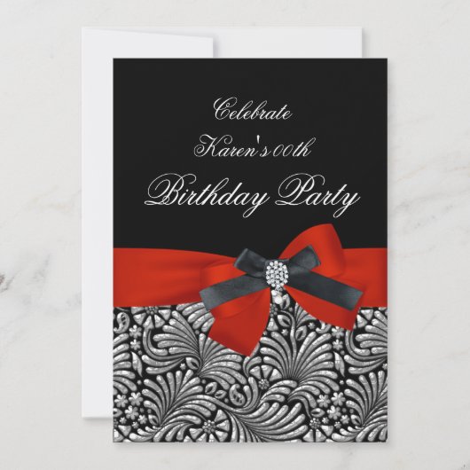 年齢の誕生日パーティーを追加する赤いダマスクブラック 招待状 (正面)