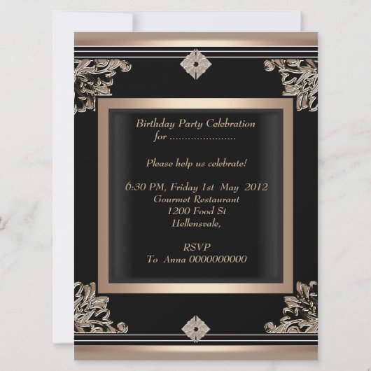 年齢の誕生日パーティーアールデコブラックコーヒーの追加 招待状 (裏面)