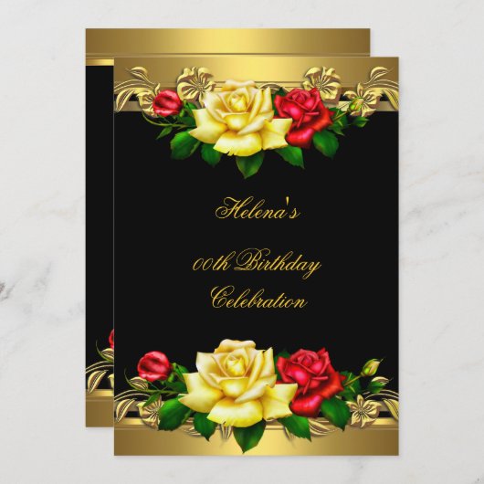 年齢の誕生日パーティー赤エレガント金ゴールドバラ3 招待状 (正面/裏面)