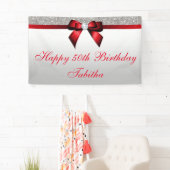 年齢の赤い弓銀のスパンコールの誕生日 横断幕 (インサイチュ)