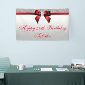 年齢の赤い弓銀のスパンコールの誕生日 横断幕 (トレードショー)