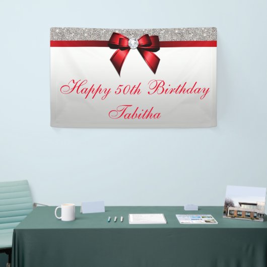 年齢の赤い弓銀のスパンコールの誕生日 横断幕 (トレードショー)