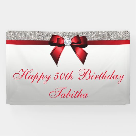 年齢の赤い弓銀のスパンコールの誕生日 横断幕 (横)