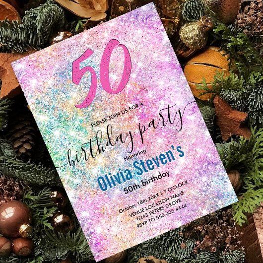 年齢エレガント虹色ユニコーン虹色グリッター 招待状