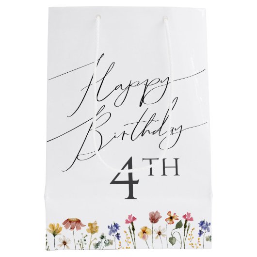 年齢カラフルのワイルドフラワーハッピーバースデー ミディアムペーパーバッグ (裏面)