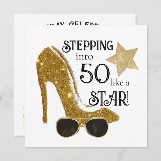 年齢パーソナライズされた誕生日招待状金ゴールドグリッター 招待状 (正面/裏面)