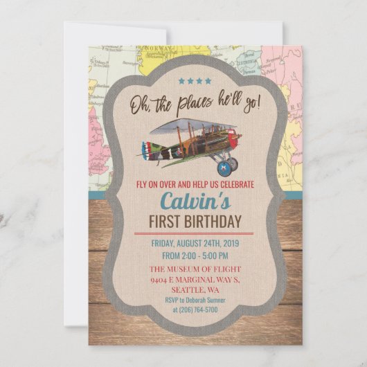 年齢問わず - ビンテージ飛行機 男の子の誕生日 インビテーション (正面)