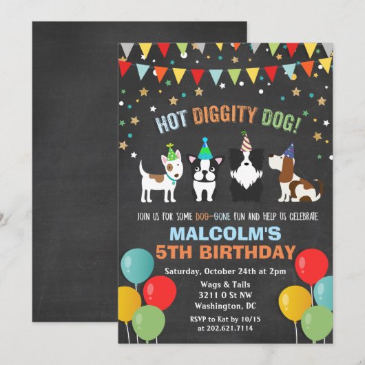 年齢問わず - 犬 子犬 誕生日 チョーク 招待状 (正面/裏面)