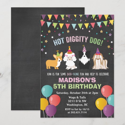 年齢問わず - 犬 子犬 誕生日 チョーク 招待状 (正面/裏面)