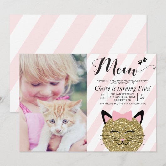 年齢問わず - 猫+子猫の写真付き誕生日招待状 招待状 (正面/裏面)