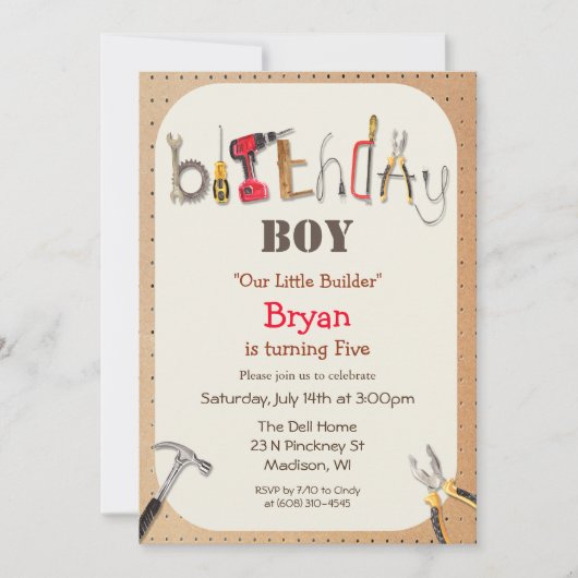 年齢問わず - 男の子ビルダーツール誕生日招待状 招待状 (正面)