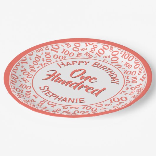 年齢100散乱数模様サンゴ/白 ペーパープレート (アングル)