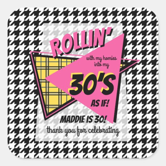 年齢90代の誕生日パ千鳥格子のーティー好き スクエアシール (正面)