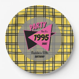 年齢90年代の黄色い格子模様とピンクの誕生日パーティー ペーパープレート