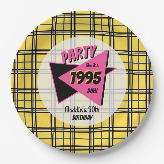 年齢90年代の黄色い格子模様とピンクの誕生日パーティー ペーパープレート (正面)