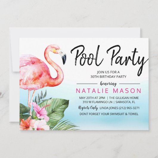 年齢-熱帯プールを囲んでのパーティの誕生日の招待状 招待状 (正面)