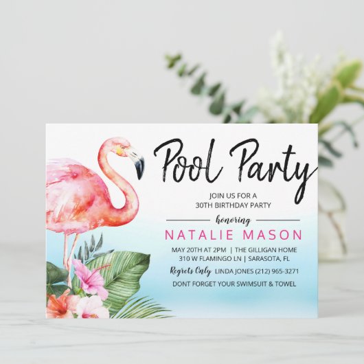 年齢-熱帯プールを囲んでのパーティの誕生日の招待状 招待状 (スタンド正面)