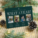 年 |年レビュー写真コラージュ シーズンカード<br><div class="desc">ホリユニークティモダンー・カードのデザインはお気に入りの4枚の写真とカスタム・キャプション付きの家族の名前と上の「なんと1年！」を備えている。家族や友人のための魅力的な年次レビュースタイルカードを作成するには、家族の特別な瞬間の写真を共有し、それらを当社の文字テンプレートと説明カスタムする。白いレタリングと手書きのスクリプトのアクセントを豊かなフェスティバルハンターの緑の背景にモダンは、この休日のフォトカードを感じ貸す。カードは緑の白い雪のパターンに逆淡い色の向する。</div>