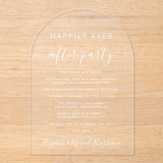 幸いにもパーティーアーチウェディングレセプション アクリル招待状 (正面)