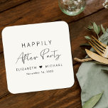 幸いにもパーティークリーム結婚式 スクエアペーパーコースター<br><div class="desc">結婚式のレセプションや他のポストのお祝いのためのシックなライトクリーム紙コースター結婚は、タイポグラフィとスクリプトの中で「楽しいEverの後のパーティーシンプル」を搭載しスタイリッシュてモダン、あなたの名前はハートと披露宴の日付で一緒に参加した。</div>