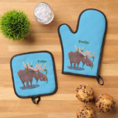 幸おもしろいせなムース漫画イラストレーション 鍋つかみ&鍋敷きセット (トップダウン)