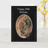 幸おもしろいせな50誕生日バイソン、バッファロー動物 カード (黄色い花)