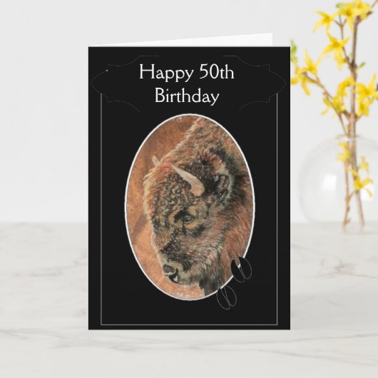 幸おもしろいせな50誕生日バイソン、バッファロー動物 カード (黄色い花)