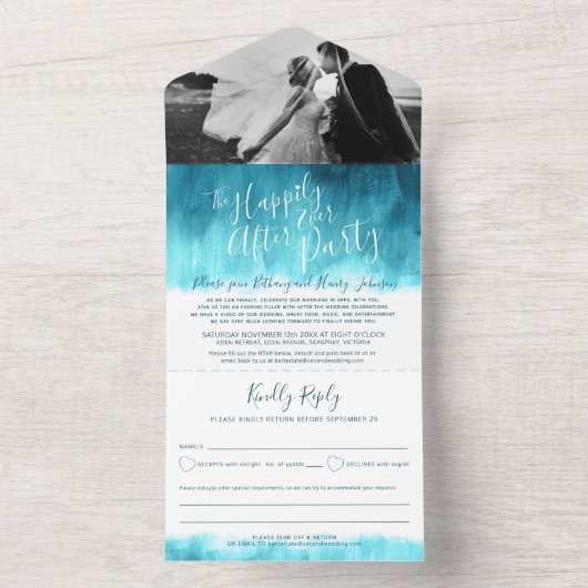 幸せいっぱいのウェディングパーティーフォトアクアティール オールインワン招待状 (内側)