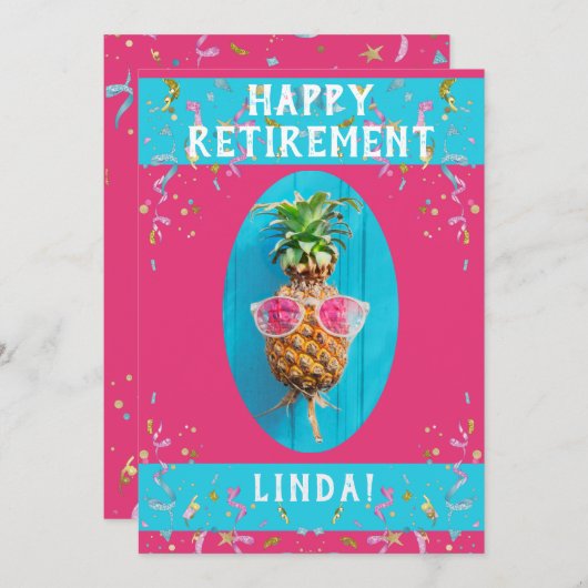 幸せおもしろいな退職パーティー、ピンク 招待状 (正面/裏面)