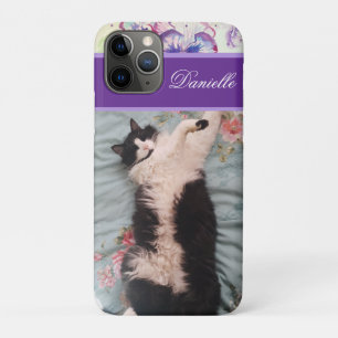 幸せおもしろいに踊るタキシード猫パープル iPhone 11 PROケース