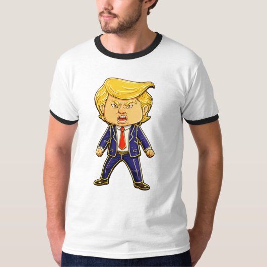 幸せそうなトランプのバッジピン 怒ったトランプのポップアート Tシャツ (正面)