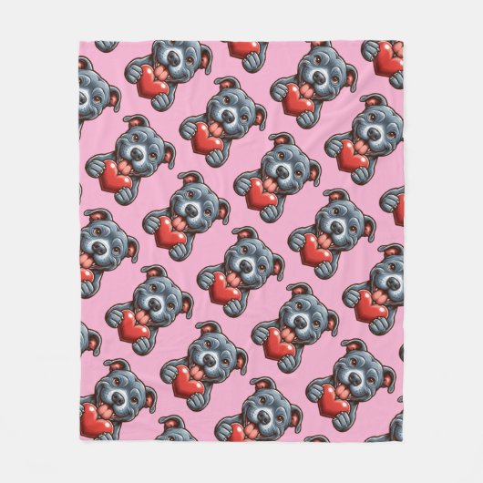 幸せそうな表情でハートを抱える愛らしい犬 フリースブランケット (正面)