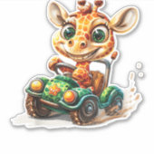 幸せそうに車を走らせるかわいいキリン シール (正面)