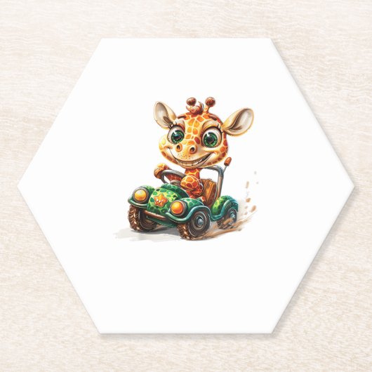 幸せそうに車を走らせるかわいいキリン ペーパーコースター (正面)