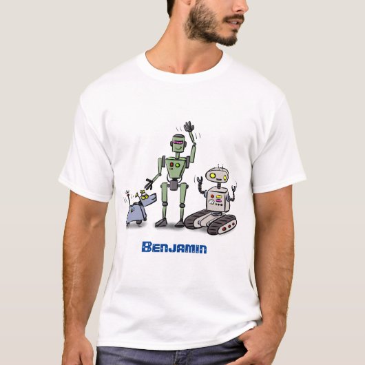幸せでかわいいロボット三色漫画 Tシャツ (正面)