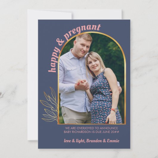 幸せで妊娠した金ゴールドアーチ写真妊娠 案内状 (正面)