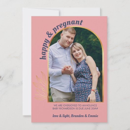 幸せで妊娠中の写真金ゴールドアーチ妊娠 案内状 (正面)