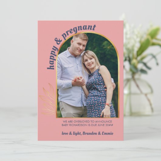 幸せで妊娠中の写真金ゴールドアーチ妊娠 案内状 (スタンド正面)