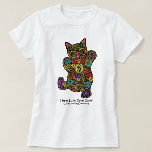 幸せで幸運な黒猫の女性のTシャツ Tシャツ (デザイン正面)