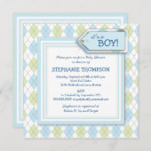 幸せで青くアーガイル柄のな男の子のベビーシャワーの招待状 招待状 (正面/裏面)