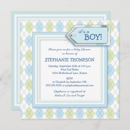 幸せで青くアーガイル柄のな男の子のベビーシャワーの招待状 招待状 (正面/裏面)
