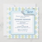 幸せで青くアーガイル柄のな男の子のベビーシャワーの招待状 招待状 (正面)