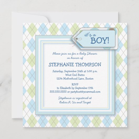 幸せで青くアーガイル柄のな男の子のベビーシャワーの招待状 招待状 (正面)