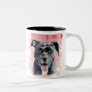 幸せで黒いピットブル犬の水彩画の絵画 ツートーンマグカップ
