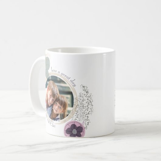 幸せとは… 2フォトピンクグリーンポップ・アートのアートフラワー コーヒーマグカップ (正面左)