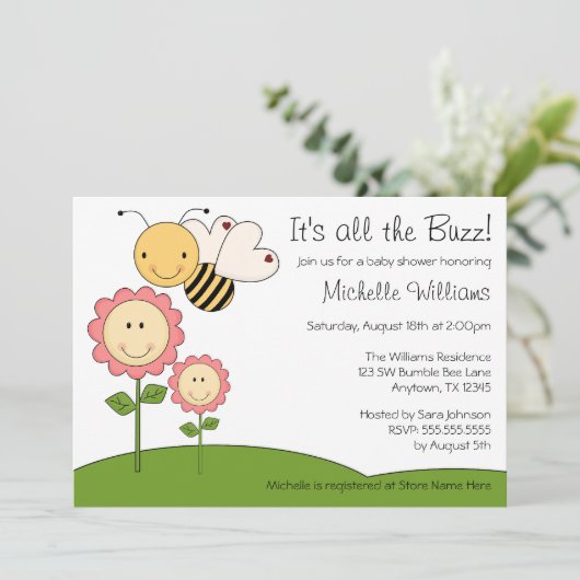 幸せなのまわりにのピンクのデイジーのベビーシャワー 招待状 (スタンド正面)