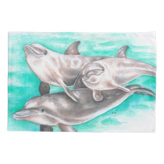 幸せなイルカのティール(緑がかった色) 枕カバー (裏面)