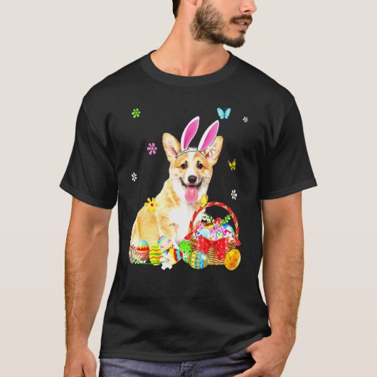 幸せなイースター かわいいウサギ コーギー レトリバー ウサギの耳 Tシャツ (正面)