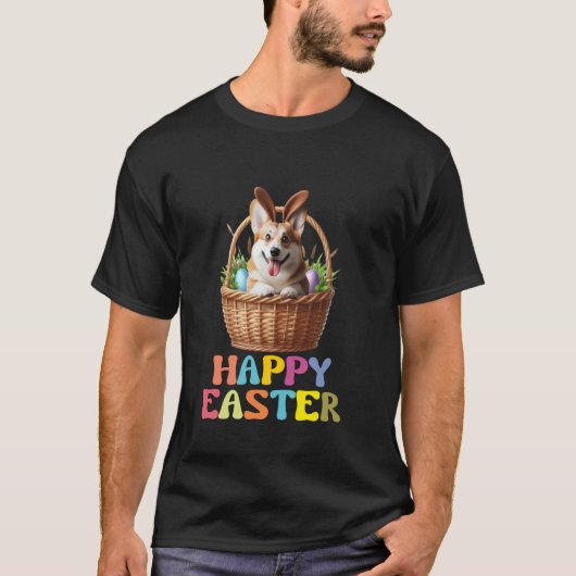 幸せなイースター コーギー かわいい バスケット デザイン 楽しい Tシャツ (正面)