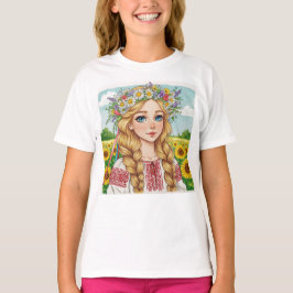 幸せなウクライナの女の子 花冠 Tシャツ